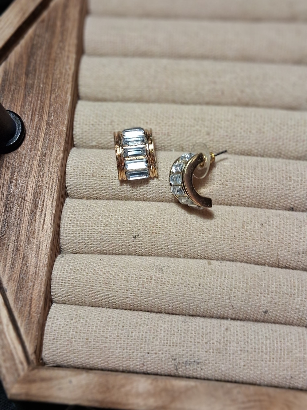 Gold Huggie Earrings with Clear Baguette Stones